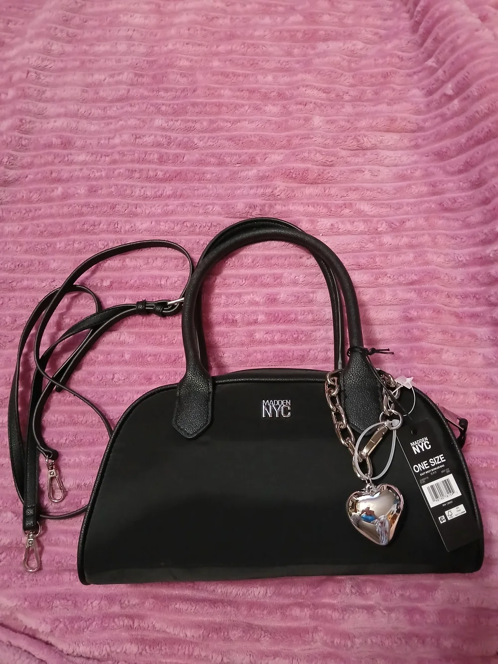 Madden NYC Black East West Bowler Bag Dome Satchel with Silver Heart Charm